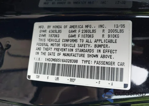 2006 Honda Accord 3.0 Ex z USA, uszkodzony, nr VIN 1HGCM66516A028398